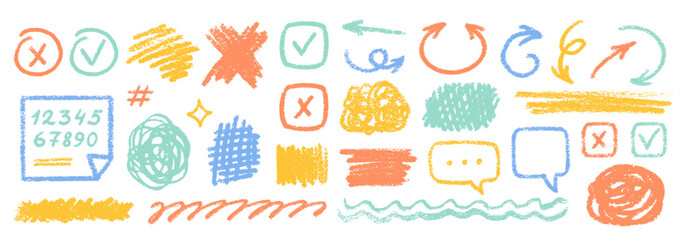 Cute Chalk Pencil Emphasis Squiggles Vector Set. Crayon Scribble Graffiti Arrows Frames Speech Bubbles Underlines. Hand Drawn Brush Texture Star Shapes Highlights. Pencil Childish Charcoal Doodles