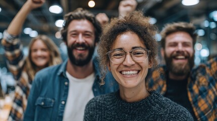 Joyful Diverse Group Celebrating Success, Raised Arms, Genuine Smiles