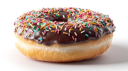 Round chocolate donut with sprinkles on top on white background