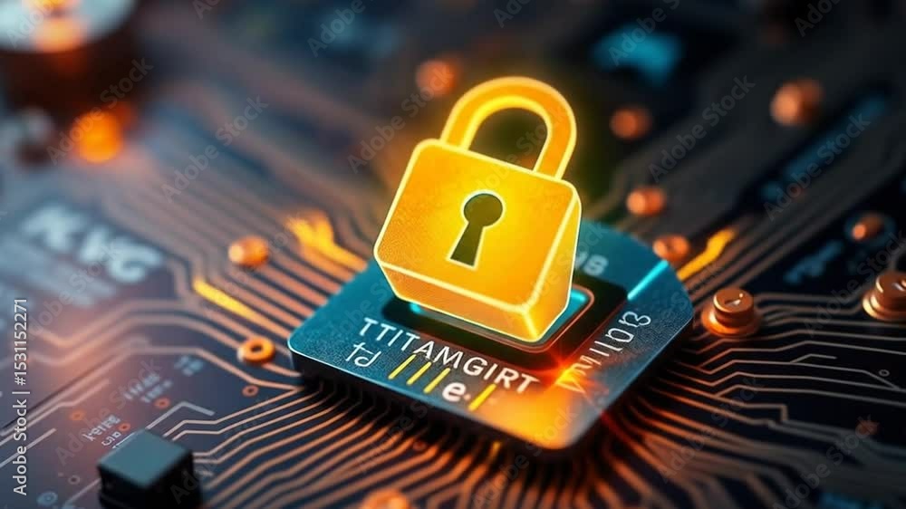Poster digital security hologram of virtual key icon on circuit board. financial data privacy concept and v