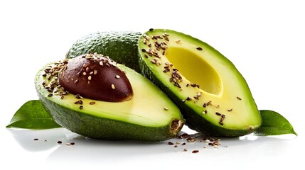 Sliced ​​avocado with seeds against white background