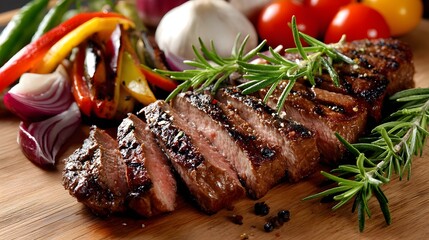 Sliced ​​grilled steak resting on rosemary sprig with vegetables