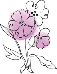 Elegant Floral Line Art with Watercolor Accents Featuring Delicate Pink Flowers and Leaves on a Clean White Background Ideal for Invitations and Creative Projects