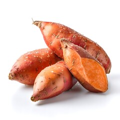 fresh sweet potatoes displayed with detail on a white background