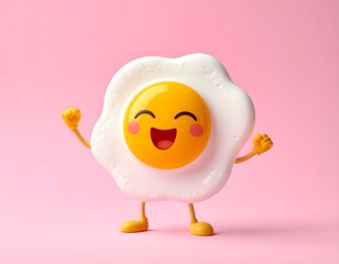 A cheerful fried egg character with a yellow yolk face and raised arms stands on a pink background, exuding joy and energy.
