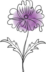 Elegant Line Art Flower with Watercolor Fill Featuring a Delicate Floral Design in Black Outline with a Soft Purple Watercolor Wash on a Clean White