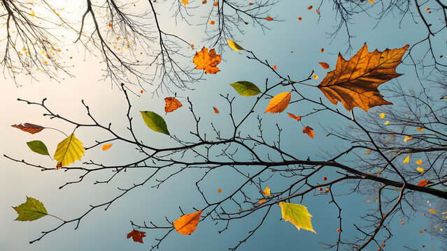 Looking up at bare tree branches with colorful autumn leaves against blue sky