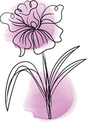 Elegant Floral Line Art with Watercolor Accent Featuring a Delicate Flower with Curving Petals and Leaves Enhanced by Soft Pink Watercolor Textures Isolated on White