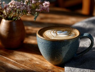 Coffee latte art beside blossoms