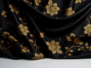 Luxurious black fabric with gold floral embroidery, elegant abstract texture. Opulence and sophistication in intricate design.