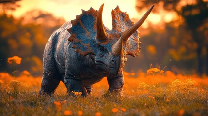 Fototapeta premium Triceratops in sunset field.