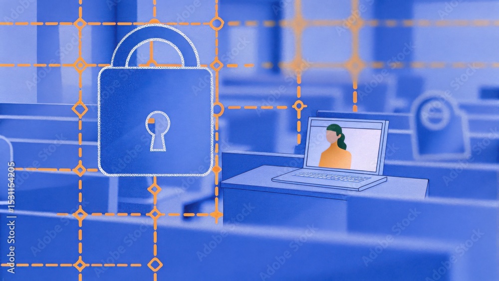 Poster a digital padlock symbolizes cybersecurity protecting a laptop with a user, representing online priv
