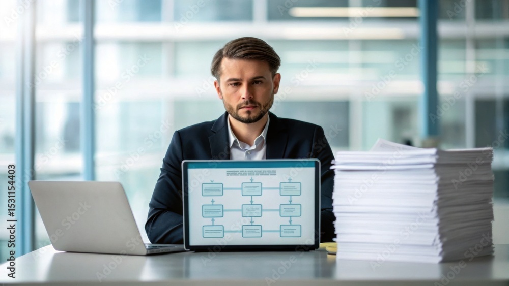 Poster a serious businessman sits at a desk with a laptop and a large stack of documents, displaying a flow