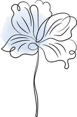 Elegant Single Line Flower Illustration with Watercolor Accent Perfect for Minimalist Designs and Botanical Themes Featuring Delicate Petals and a Subtle Blue Wash Background