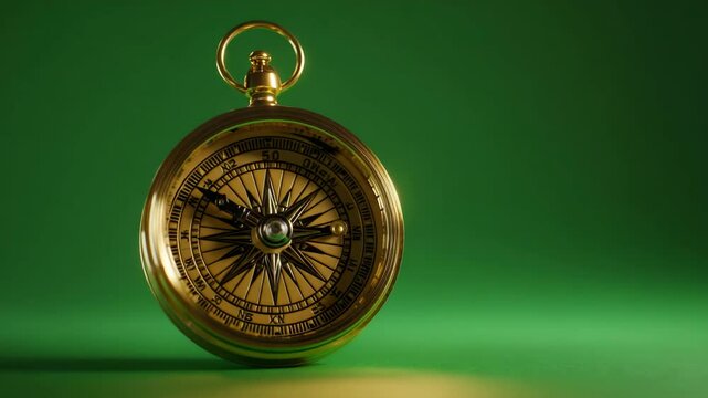 Golden antique pocket compass on a green background