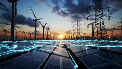 futuristic smart energy grid at sunset solar panels on the ground glowing with digital energy lines wind turbines rotating in the background high voltage power transmission towers stretching into - Powered by Adobe