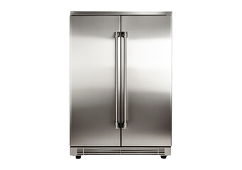 Modern stainless steel refrigerator with double doors and ventilation on transparent background, PNG