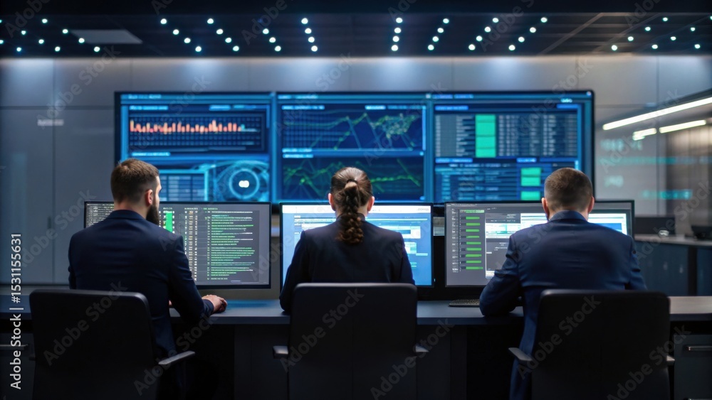 Aufkleber three professionals monitor multiple data screens in a high-tech control room, analyzing trends and 