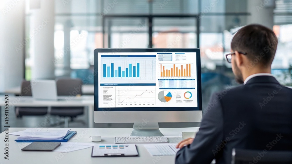 Poster a man in a suit analyzes financial charts and graphs displayed on a computer in a modern office sett