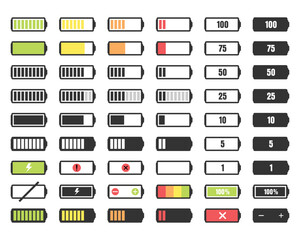 Battery charge level indicators showing various percentage amounts and charge symbols on a stark white background, for usage in UI design.