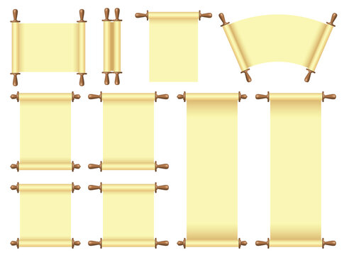 Diverse parchment scrolls collection, featuring varied shapes and sizes, ideal for announcements, invitations, or historical documents.