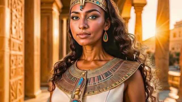 Egyptian queen against the background of Egyptian antiquities.