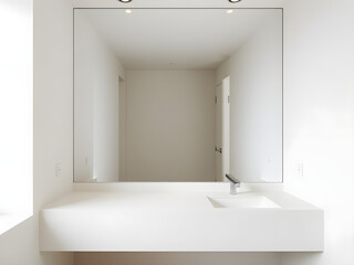 Minimalist bathroom with clean lines and neutral tones, empty counter space, soft lighting - simplicity and modern elegance