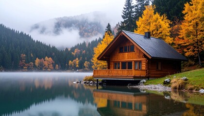 Fototapeta premium Secluded cabin retreat on a misty lake surrounded by autumn foliage