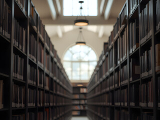 A library with receding bookshelves bathed in soft light, symbolizing the endless pursuit of knowledge.