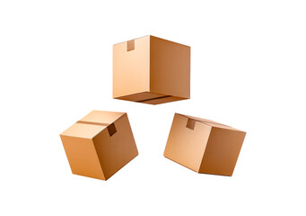 Three floating cardboard boxes on transparent background, PNG
