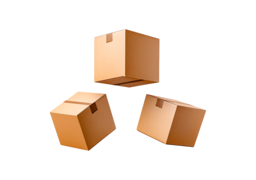 Three floating cardboard boxes on transparent background, PNG