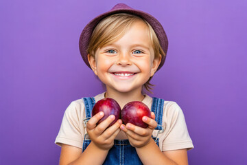 Adorable kid holding plums fruits and smiling over violet studio background. Healthy relationship with food and child nutrition concept. Healthy baby food with vitamins and kids vegetarianism
