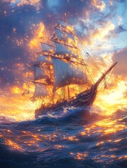 Burning ship at sunset, fantasy art, ocean waves.