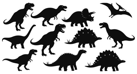 Silhouette Illustration of Various Dinosaur Species on a Transparent Background