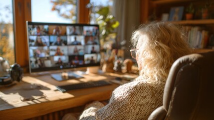 Senior Woman in Home Office Participating in Video Conference Call
