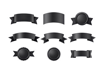 Set of black ribbon banners and badges with circular and rectangular designs on transparent background, PNG