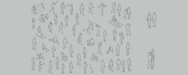 Isometric vector illustration of people in everyday activities, walking, talking, sitting, using phone, reading, business and casual poses, minimal design for modern scenes