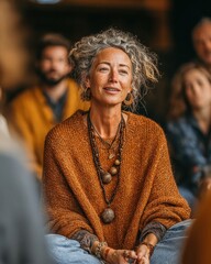 Serene Middle Aged Woman with Gray Hair in Burnt Orange Sweater
