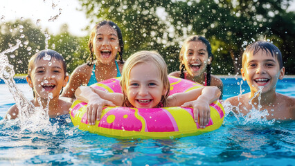 Joyful children play together in a bright blue outdoor pool, splashing water and laughing around a colorful inflatable ring on a sunny day.
