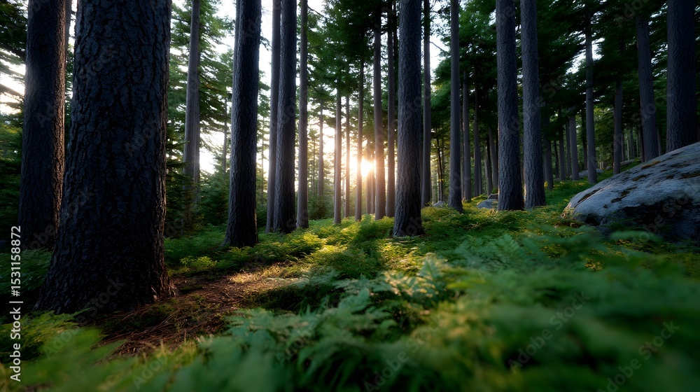 Poster sunset light filtering through a dense forest