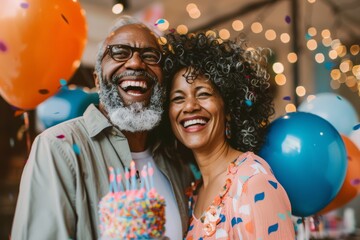 Portrait of a joyful multicultural couple in their 40s celebrating birthday