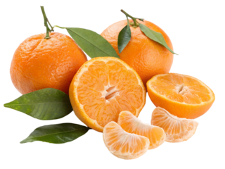 Still life of juicy oranges: two whole oranges with leaves, one half orange, and several peeled segments on a transparent background
