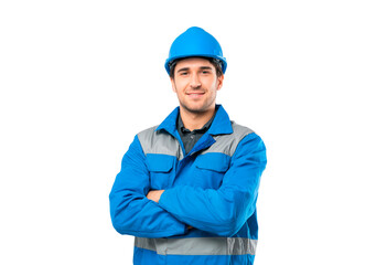 Confident construction worker in blue safety gear with helmet isolated on transparent background, PNG