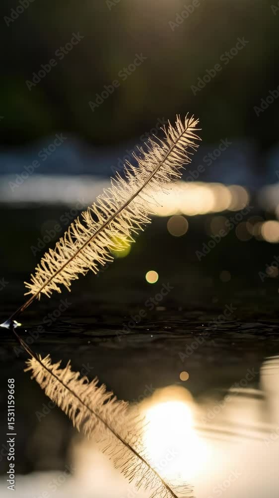 Poster delicate skeleton leaf reflected in dark water at sunset with golden light and soft bokeh creating a