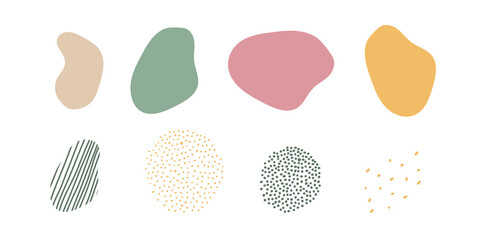 Collection of colorful liquid shapes with abstract forms, lines, and dots. Speech bubble style elements in various colors and styles. Vector isolated on white background.