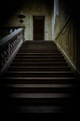 Abandoned dark staircase. Empty building, home interior, nobody.