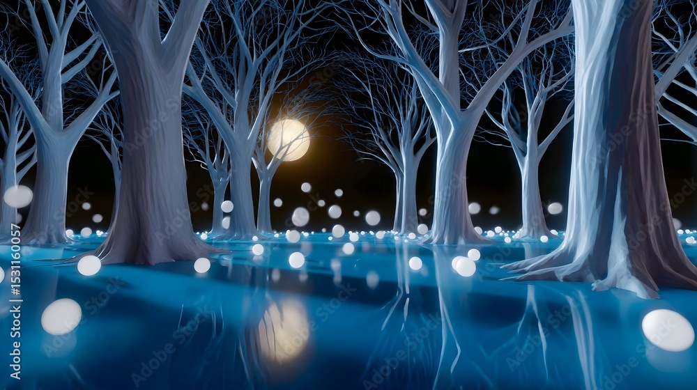 Poster a surreal moonlit forest with glowing trees and floating orbs of light