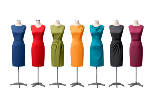 Colorful sleeveless dresses on mannequins displayed in a row on transparent background, PNG