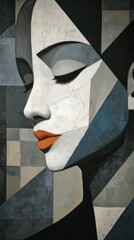 Stylized portrait of a woman, elegant abstract lines and shapes, rich tones creating a modern artistic vibe, perfect for decor.