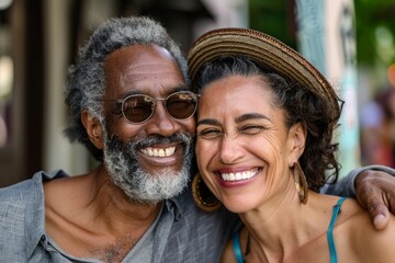 Portrait of a joyful mixed race couple in their 40s celebrating anniversary